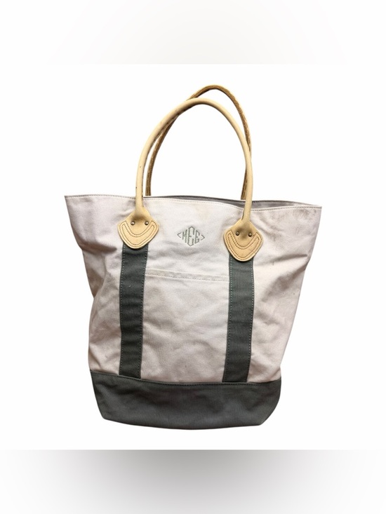 L.L. Bean Handbags - LL Bean Canvas Tote Bag with Leather Handles - Beige and Dark Gray